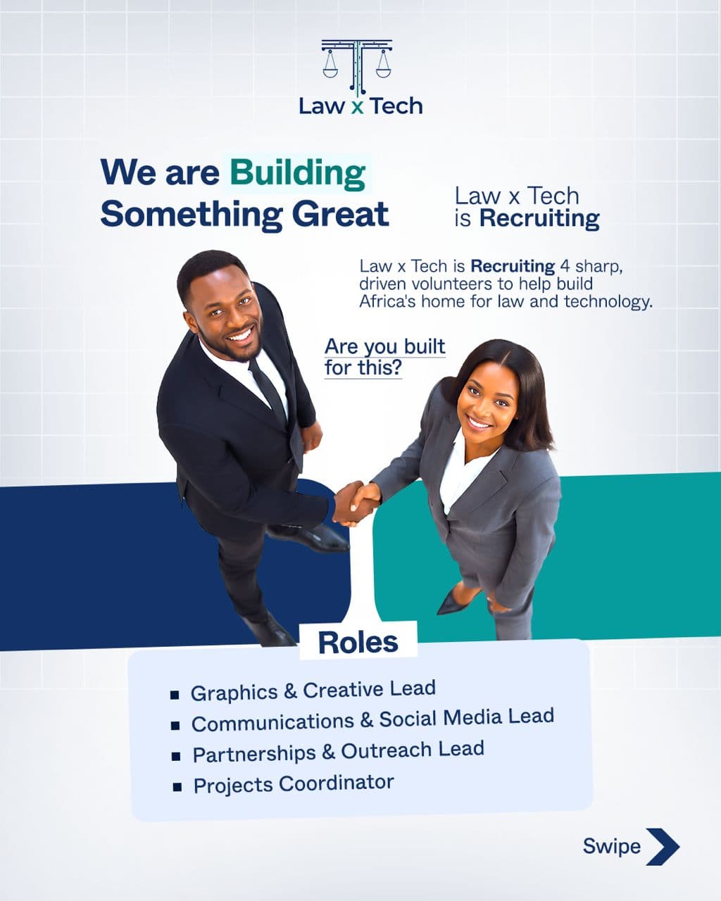 Law x Tech is Recruiting — Graphics & Creative Lead, Communications & Social Media Lead, Partnerships & Outreach Lead, Projects Coordinator